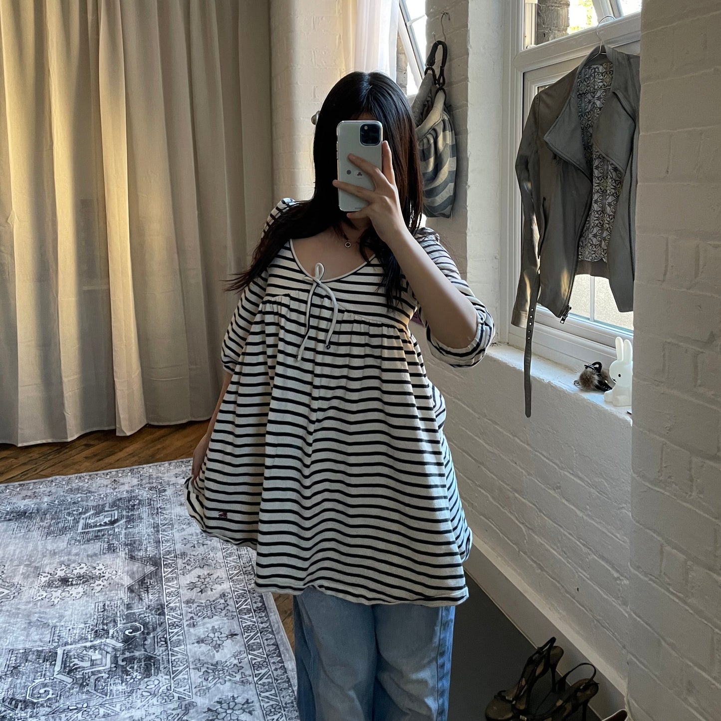 preppy burberry blue label white black striped half sleeve babydoll tunic