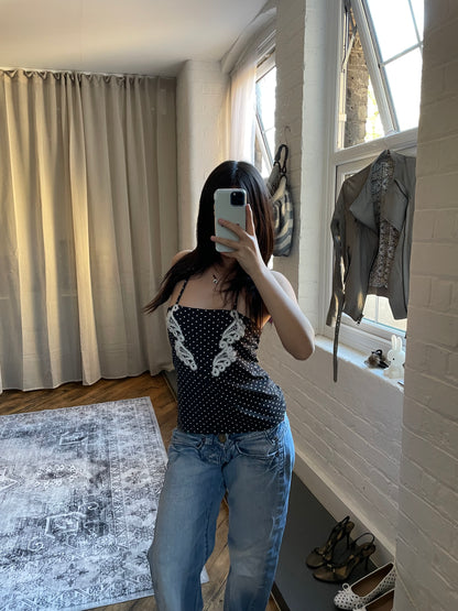 charlott black coquette balletcore polka dot embroidery lace wings halterneck camisole