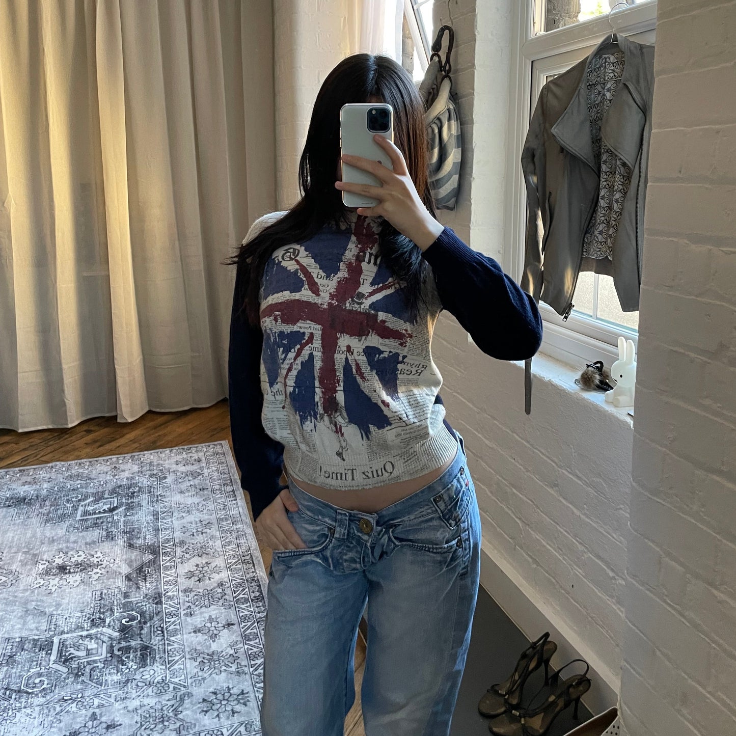 复古 John Galliano 海军蓝长袖英国国旗报纸印花羊毛羊绒混纺针织毛衣