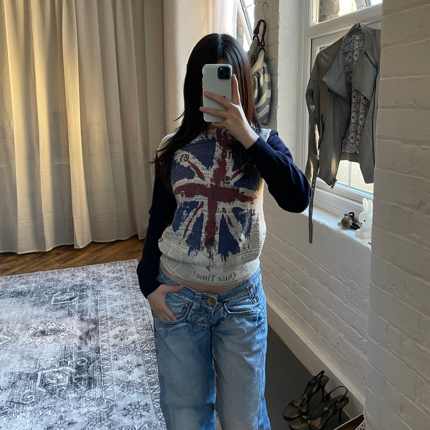 复古 John Galliano 海军蓝长袖英国国旗报纸印花羊毛羊绒混纺针织毛衣