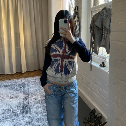 复古 John Galliano 海军蓝长袖英国国旗报纸印花羊毛羊绒混纺针织毛衣