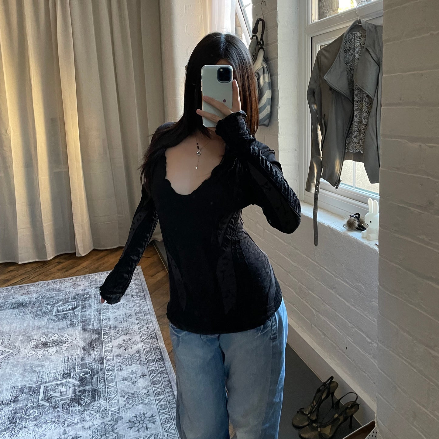 archival boho et compagnie black  grey fitted long sleeve wide neck top/mini dress