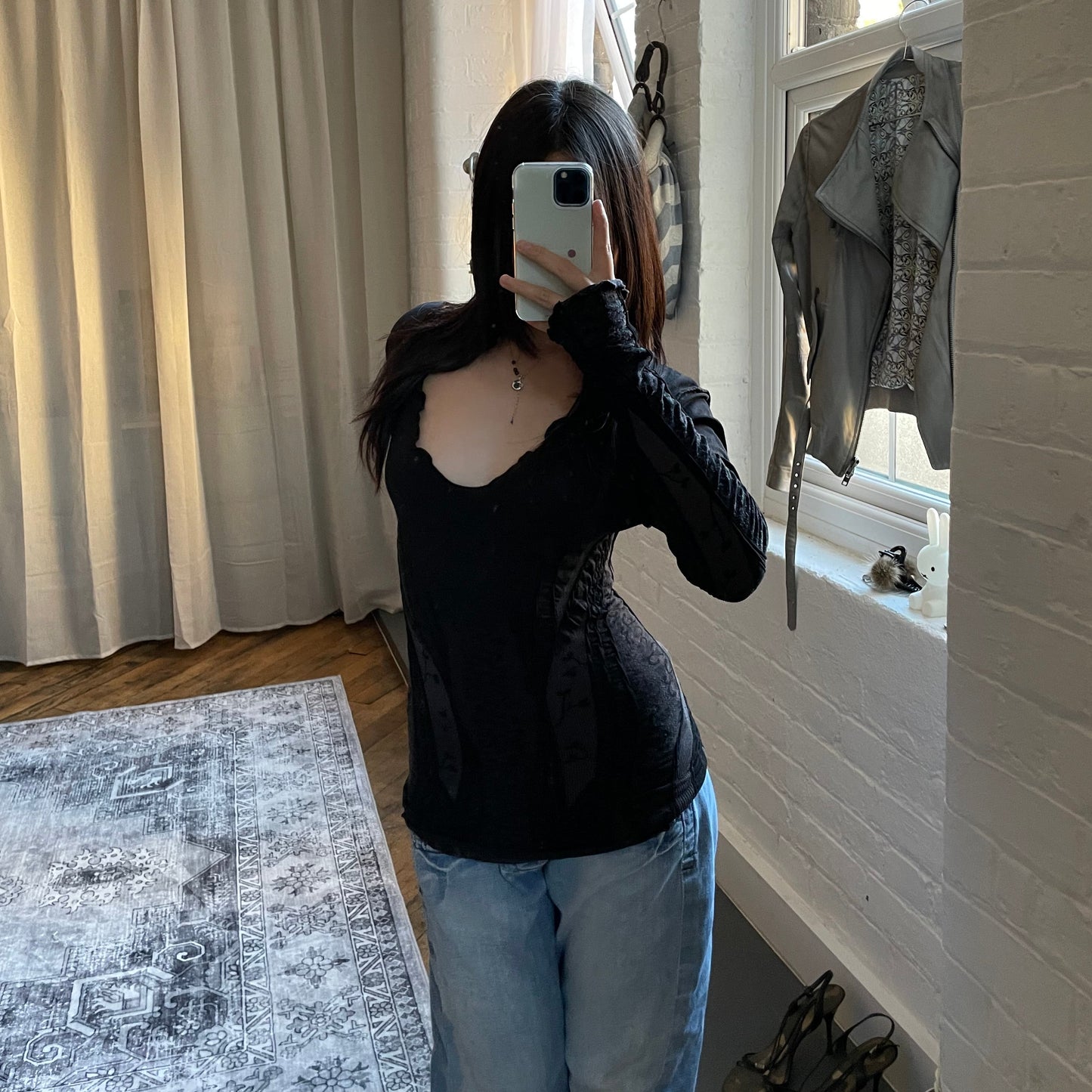 archival boho et compagnie black  grey fitted long sleeve wide neck top/mini dress