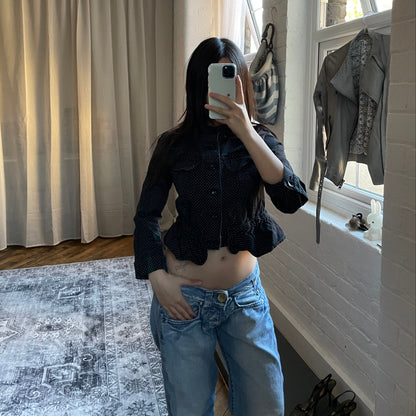 fornarina preppy coquette spring black polka dot collared ruffle hem fitted cropped jacket with button detail