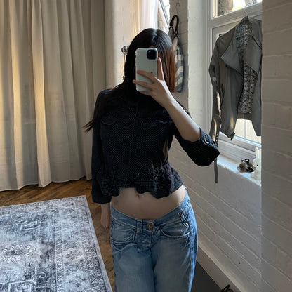 fornarina preppy coquette spring black polka dot collared ruffle hem fitted cropped jacket with button detail