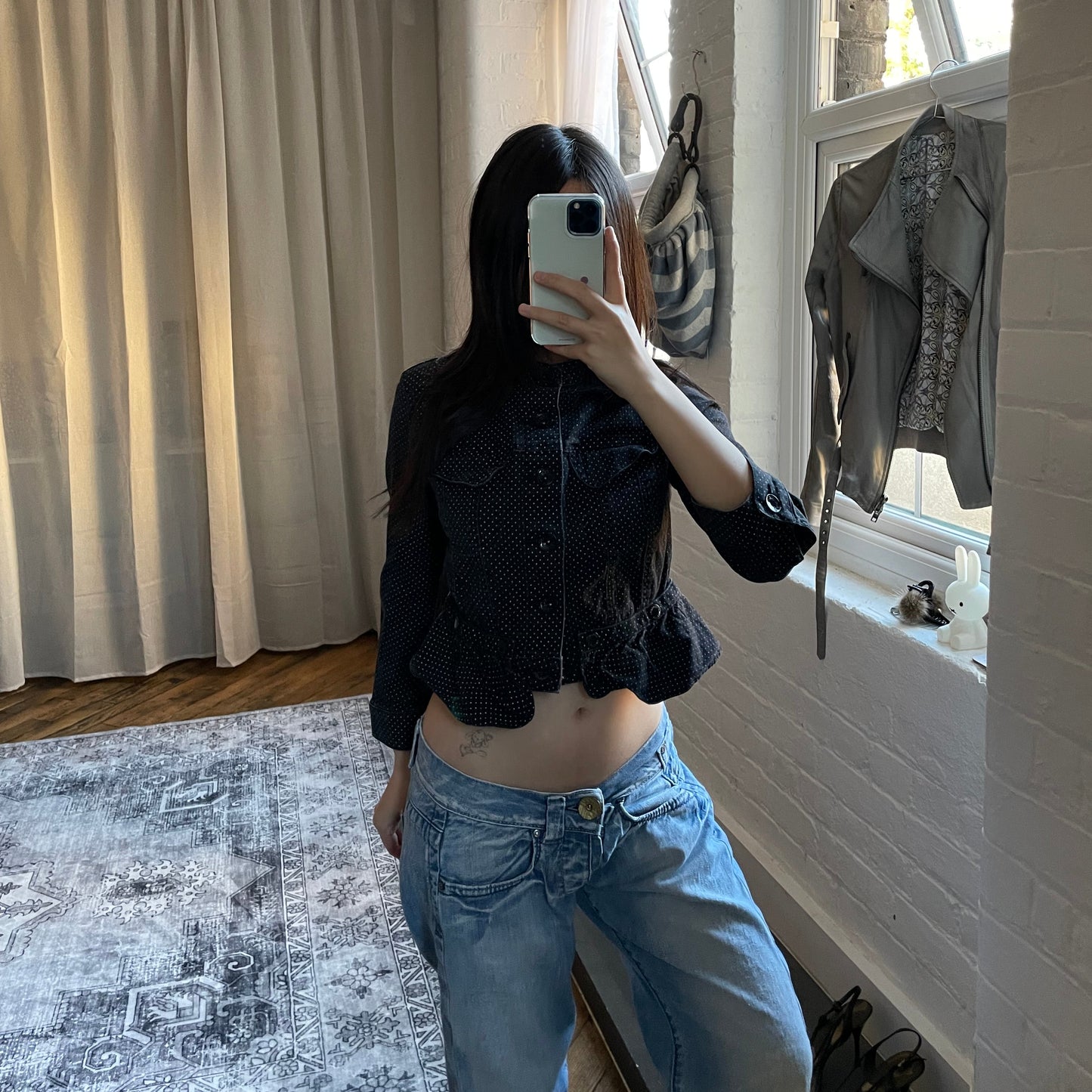 fornarina preppy coquette spring black polka dot collared ruffle hem fitted cropped jacket with button detail