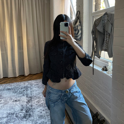 fornarina preppy coquette spring black polka dot collared ruffle hem fitted cropped jacket with button detail