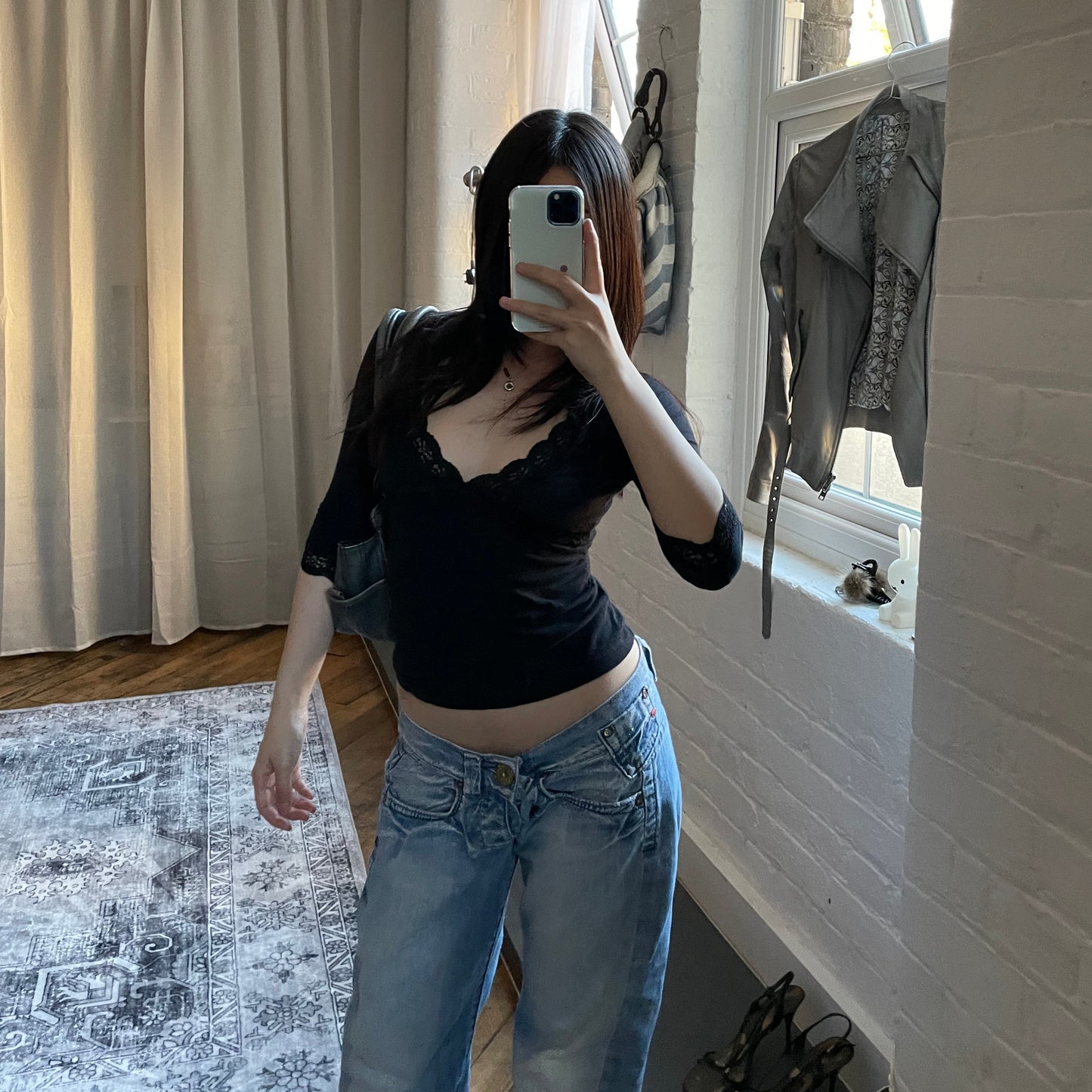 anna sui faded denim grey panelled shoulder bag with ribbon bow detail + brass hardware and butterfly charm