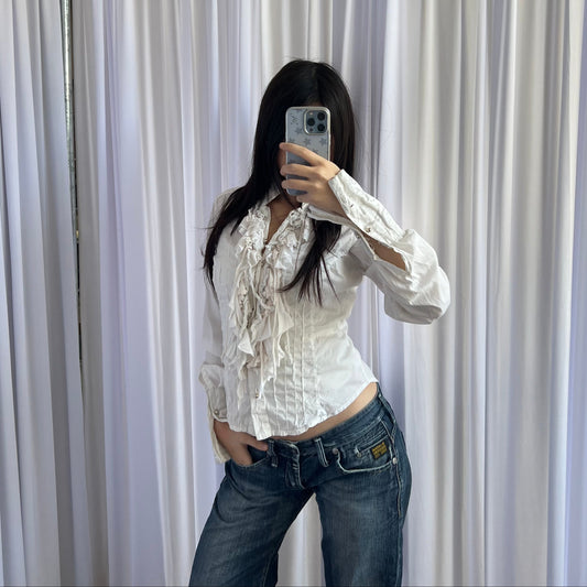 Eurosummer Western Celyn B White High Neck Ruffle Panelled Long Sleeve Blouse