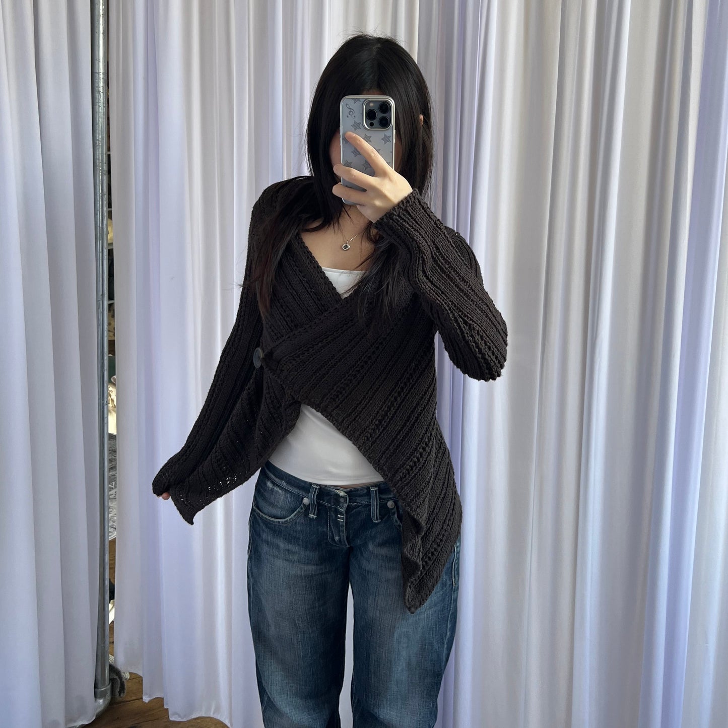 Brown Ribbed Cache Cache Asymmetric Wrap Crop Waterfall Hem Knit Cardigan