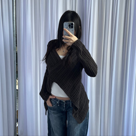 Brown Ribbed Cache Cache Asymmetric Wrap Crop Waterfall Hem Knit Cardigan