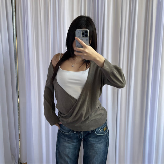 Burberry Beige Brown Wrap Style Blouson Top