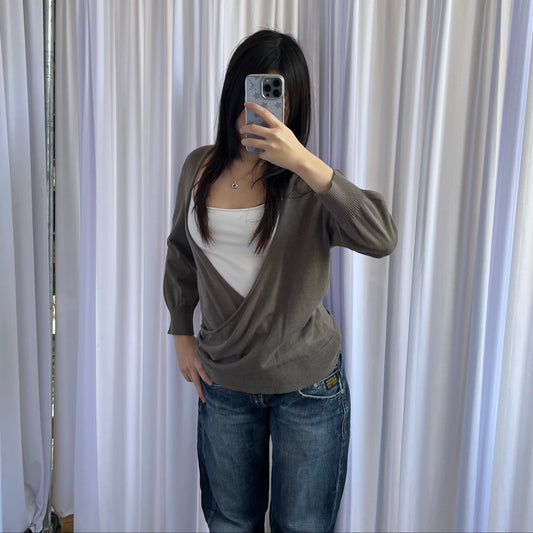 Burberry Beige Brown Wrap Style Blouson Top