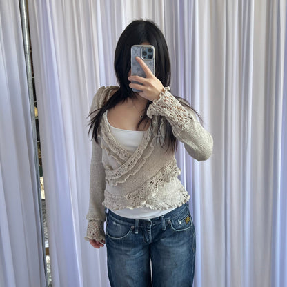 Vintage Beige Sharois Frilly Fine Lacey Knit Trim Wrap Style Knit Top