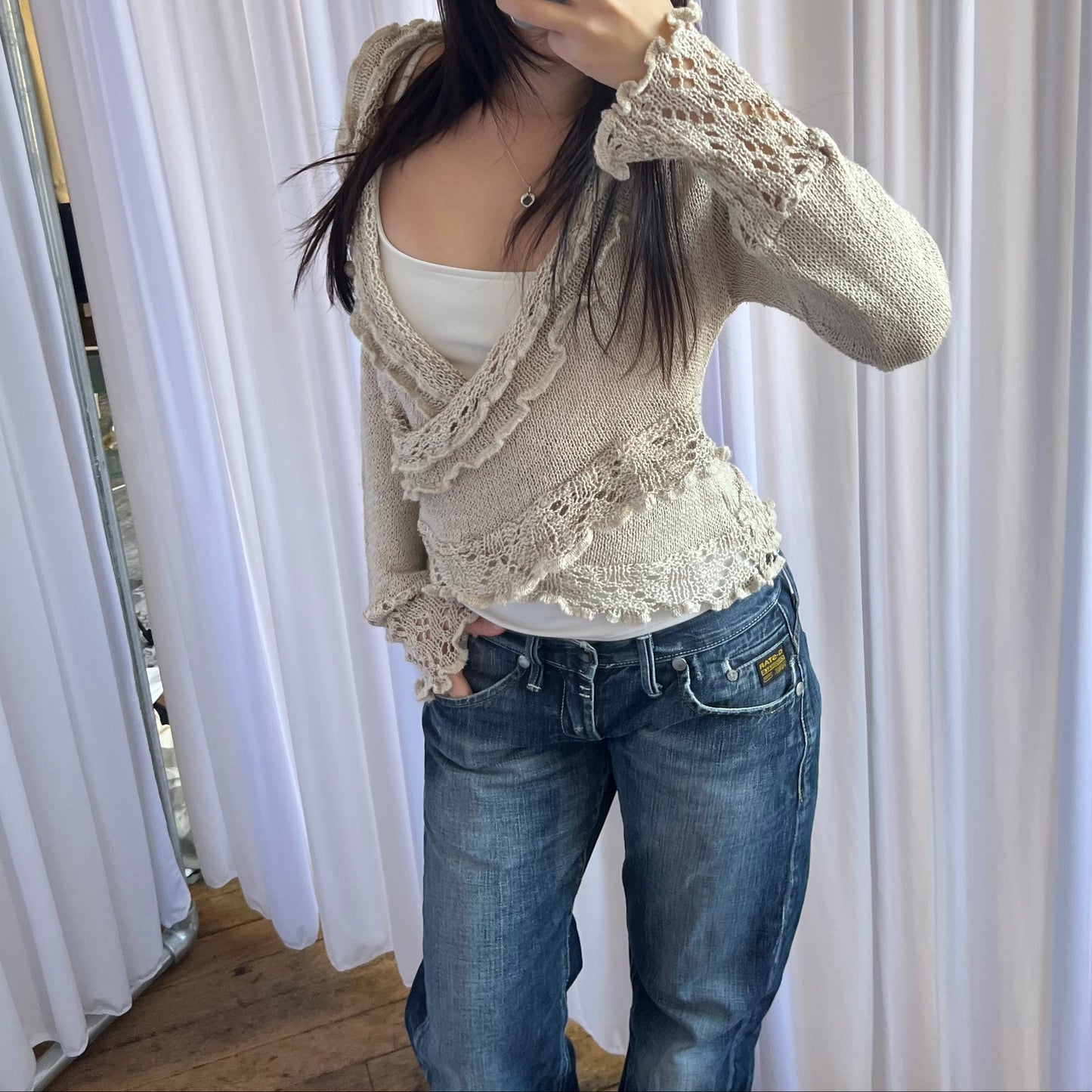 Vintage Beige Sharois Frilly Fine Lacey Knit Trim Wrap Style Knit Top