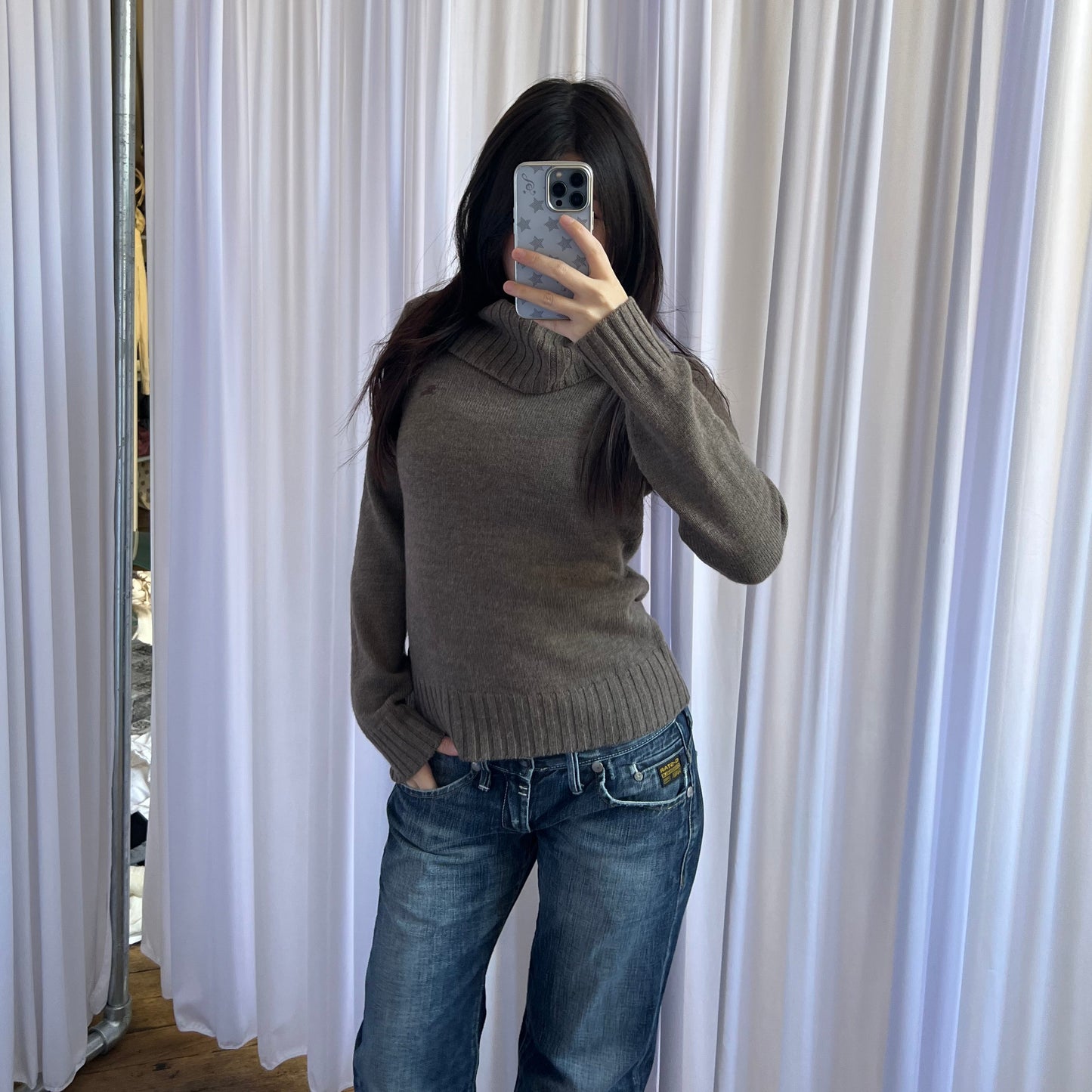 Burberry Blue Label Brown Button Accent Ribbed Turtle Neck Knit Wool Sweater