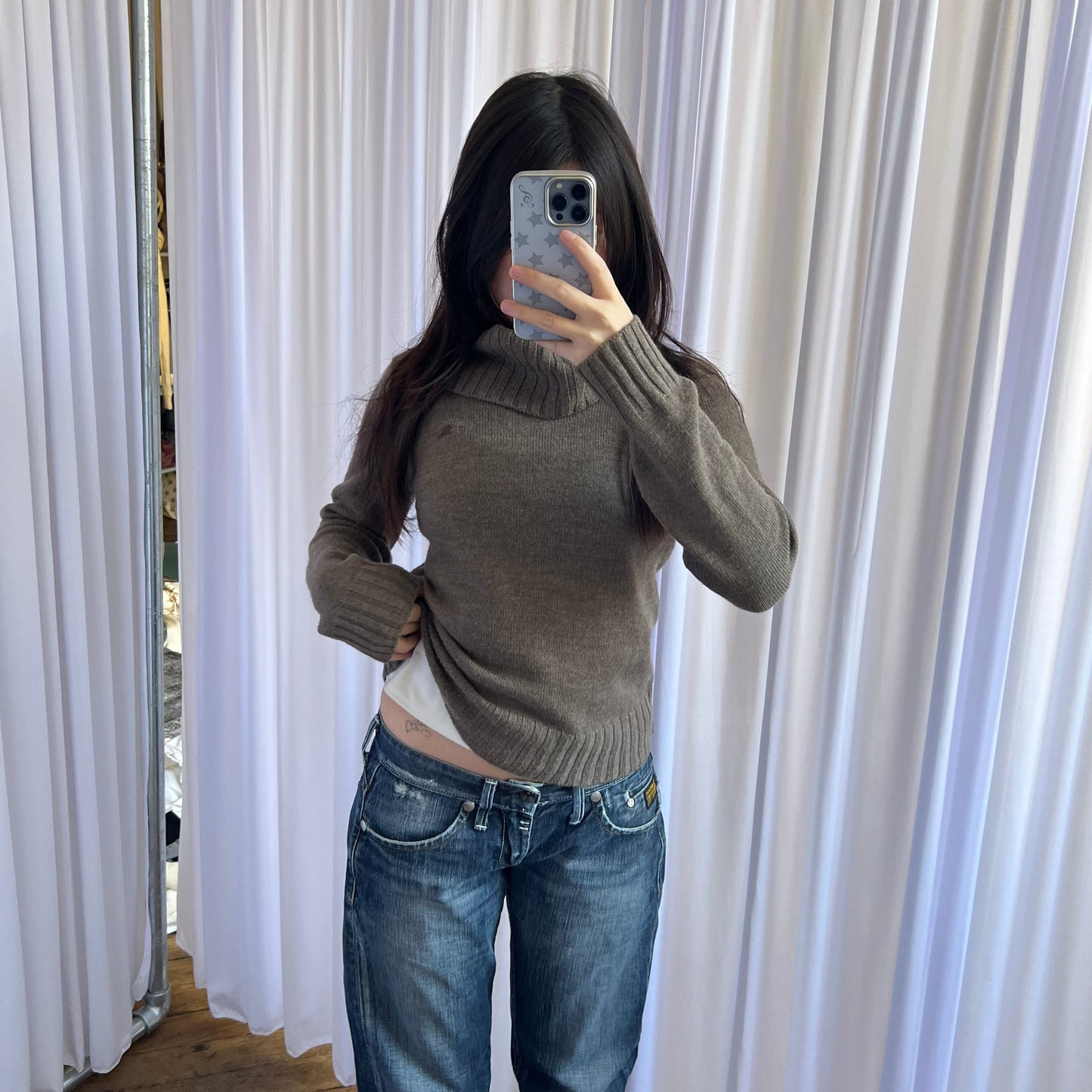 Burberry Blue Label Brown Button Accent Ribbed Turtle Neck Knit Wool Sweater