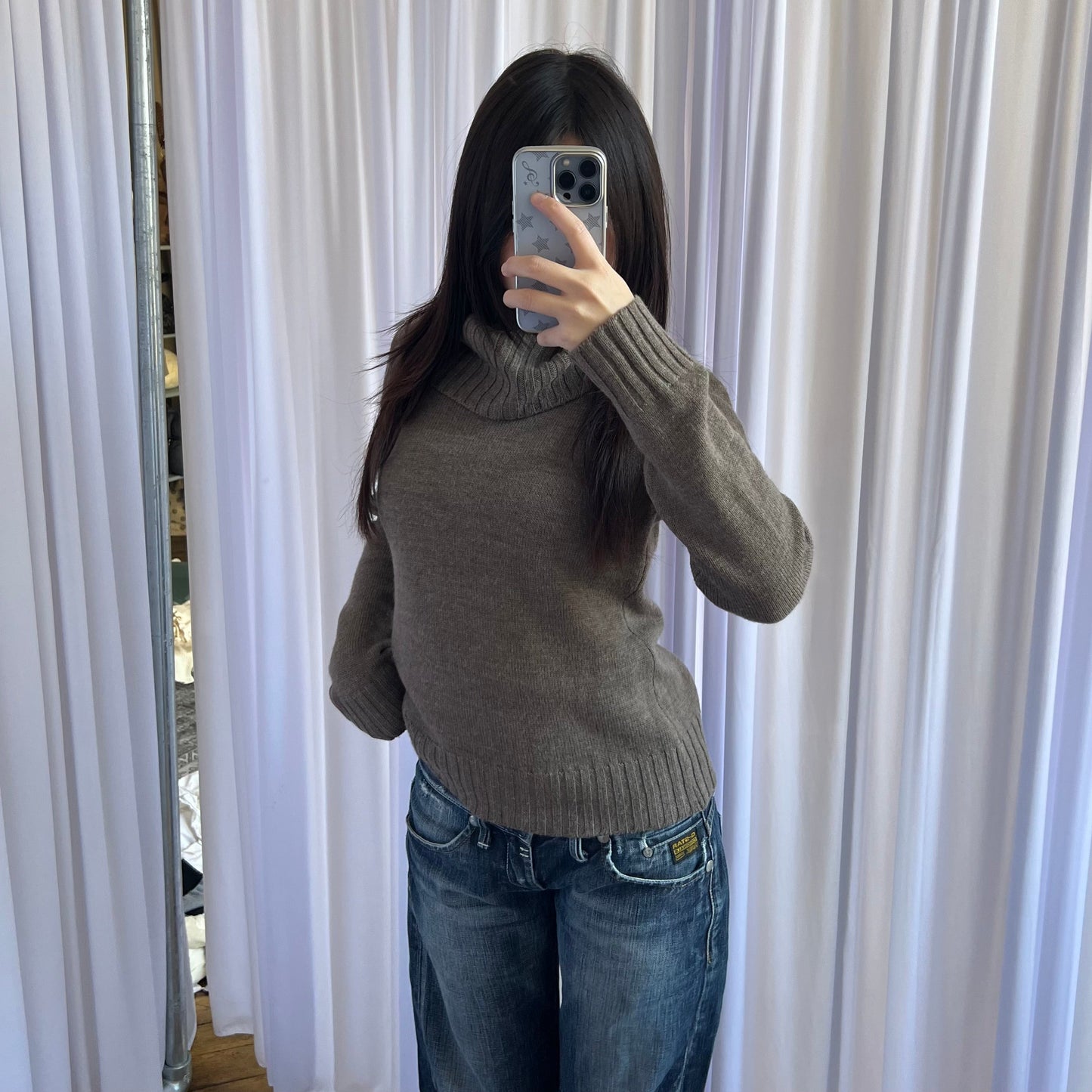 Burberry Blue Label Brown Button Accent Ribbed Turtle Neck Knit Wool Sweater