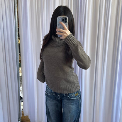 Burberry Blue Label Brown Button Accent Ribbed Turtle Neck Knit Wool Sweater