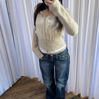 Beige Cream Wool Blend Ribbed Sheer Knit Hooded Jacket