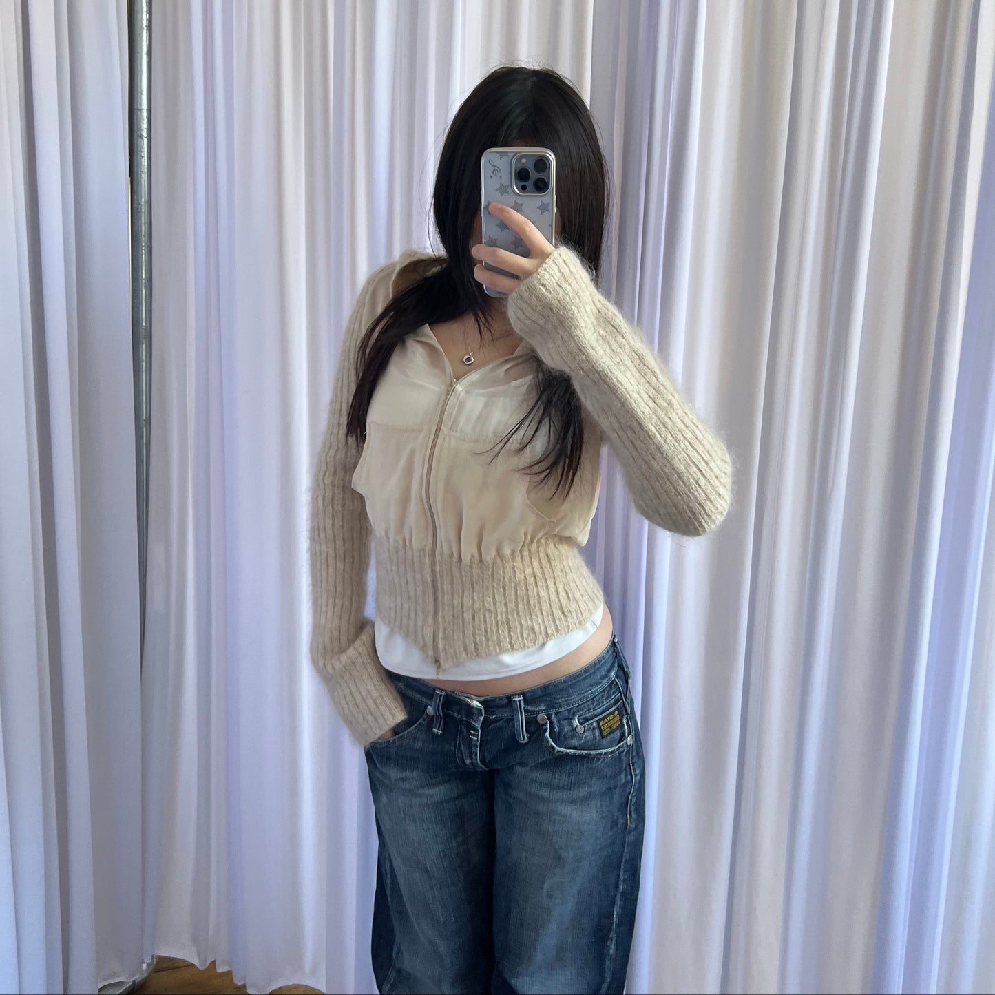 Beige Cream Wool Blend Ribbed Sheer Knit Hooded Jacket