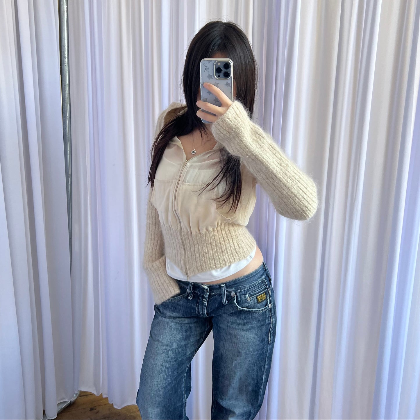 Beige Cream Wool Blend Ribbed Sheer Knit Hooded Jacket