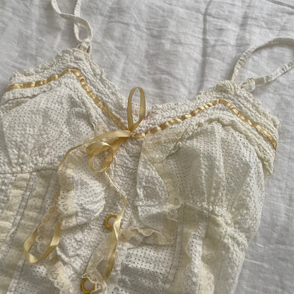 ladies* cream white camisole with ruffle and gold/cream satin ribbon detail