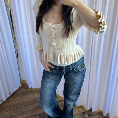 Romantic Nanette Lepore Cream Crop Rosette Ruffle Hem Cardigan Top