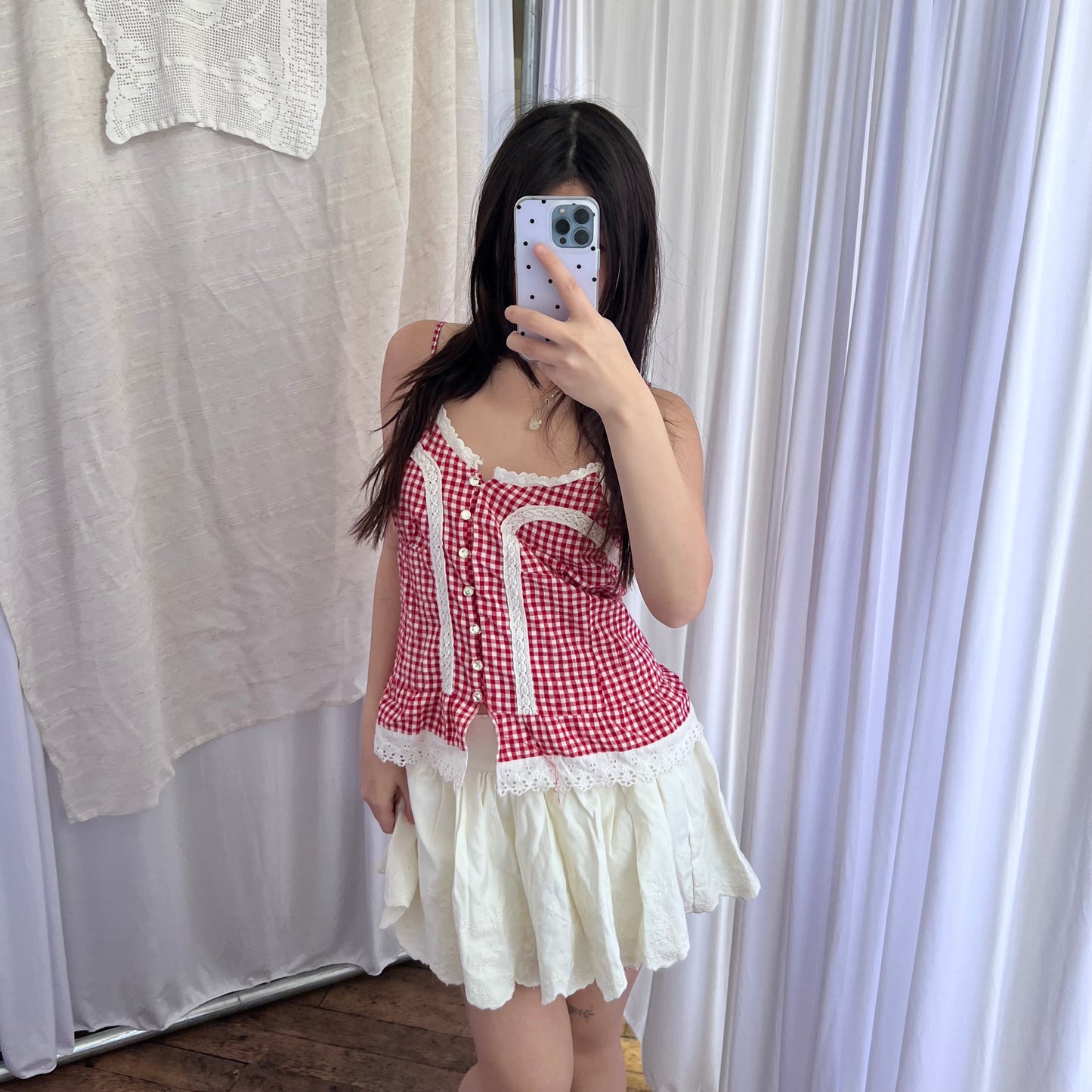 Vintage Coquette Red White Lace Trim Gingham Button Camisole