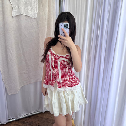 Vintage Coquette Red White Lace Trim Gingham Button Camisole