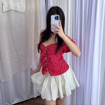 Coquette Vintage Red Tokyo Polka Dot French Cap Sleeve Round Button Ruched Blouse