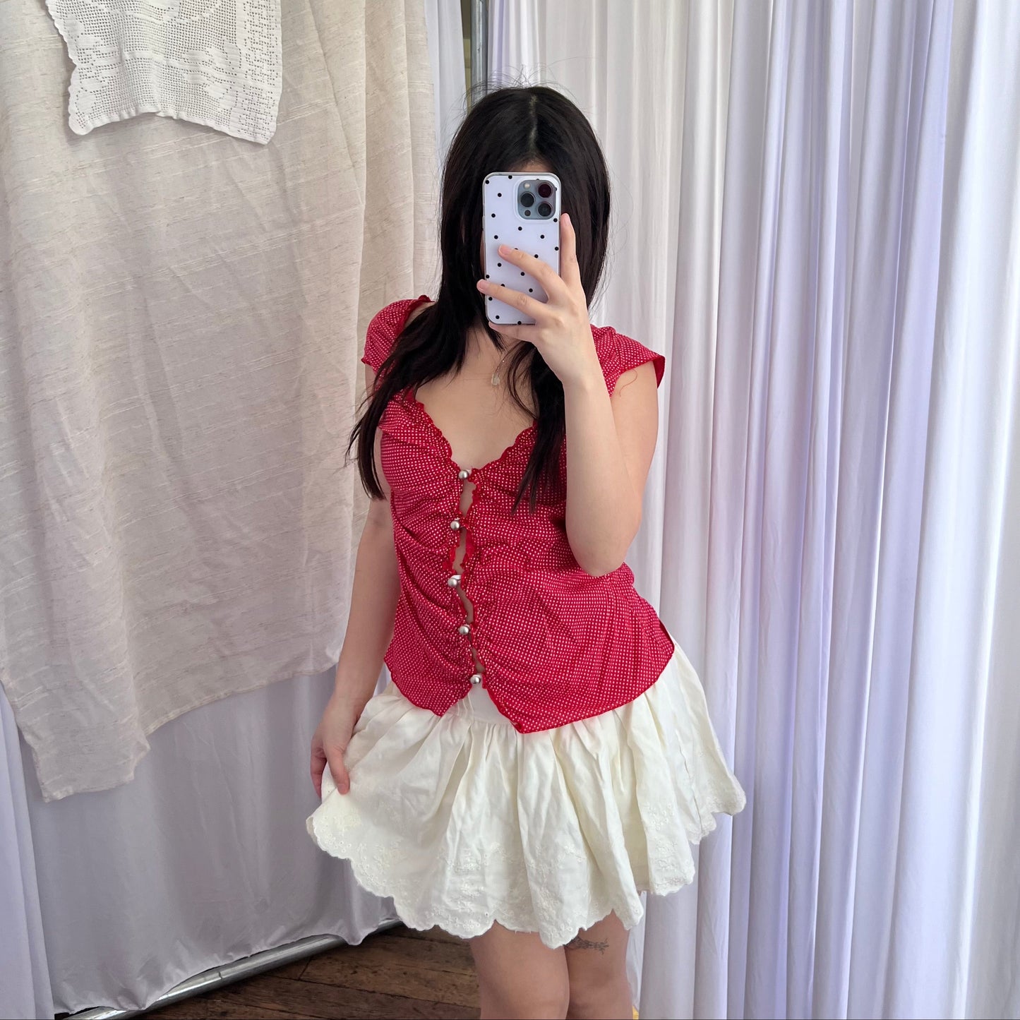 Coquette Vintage Red Tokyo Polka Dot French Cap Sleeve Round Button Ruched Blouse
