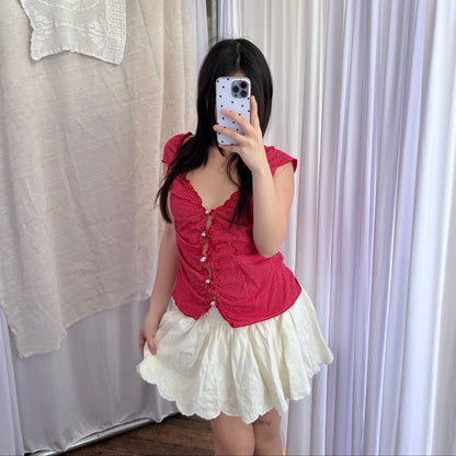 Coquette Vintage Red Tokyo Polka Dot French Cap Sleeve Round Button Ruched Blouse