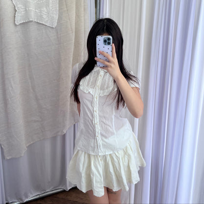Ank Rouge White Dainty Coquette Cottage Puff Sleeve Pearl Button Frill Milkmaid Blouse