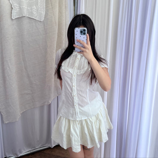 Ank Rouge White Dainty Coquette Cottage Puff Sleeve Pearl Button Frill Milkmaid Blouse