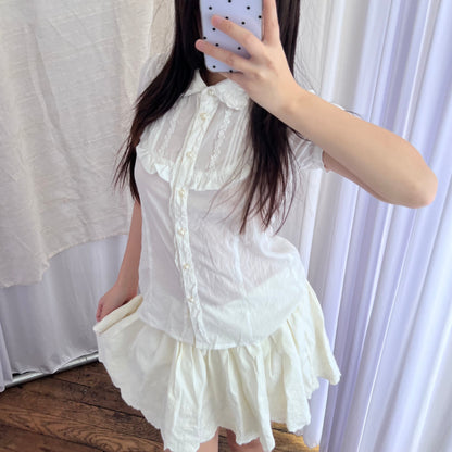 Ank Rouge White Dainty Coquette Cottage Puff Sleeve Pearl Button Frill Milkmaid Blouse