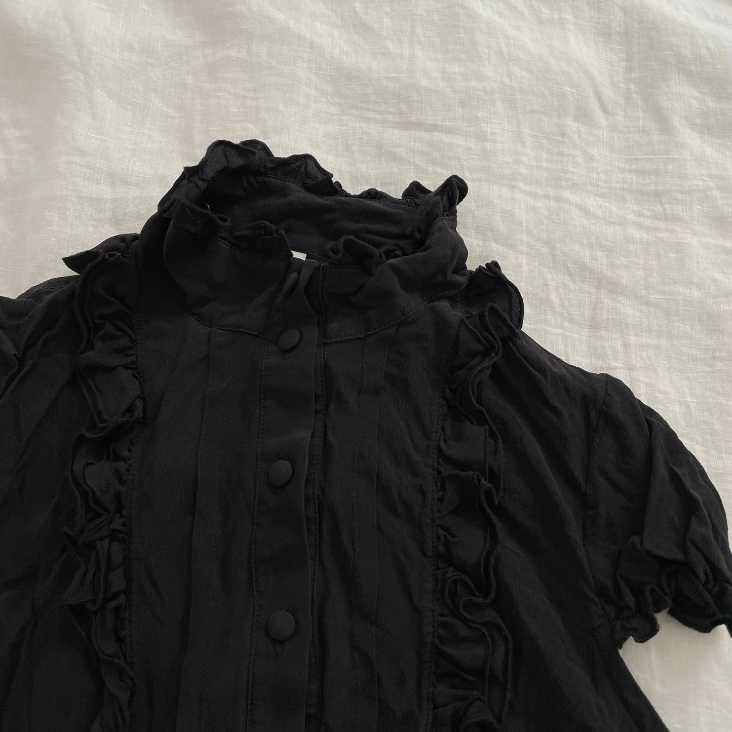 dark academia black gotha silk ruffle high collar puff sleeve blouse