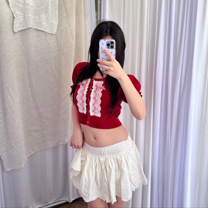 Coquette RF Red Puff Sleeve White Lace Gingham Bow Crop Cardigan