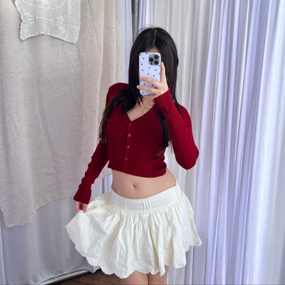 Dark Red Vintage Ishika Long Sleeve Crop Cardigan