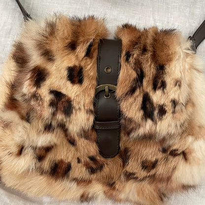 vintage gyaru gal leopard print rabbit fur x leather buckle crossbody bag