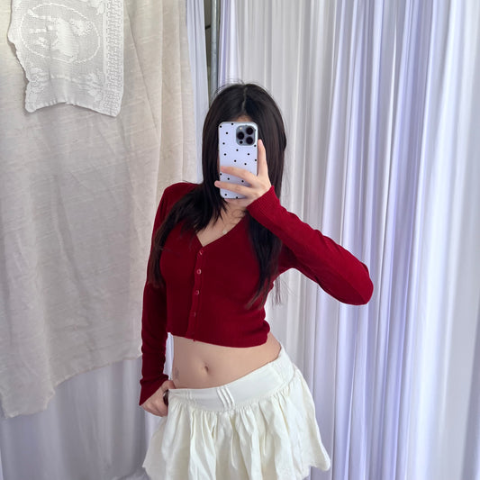 Dark Red Vintage Ishika Long Sleeve Crop Cardigan