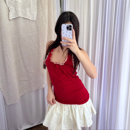 Coquette Floral Print Ruffle Red Halter Neck Top