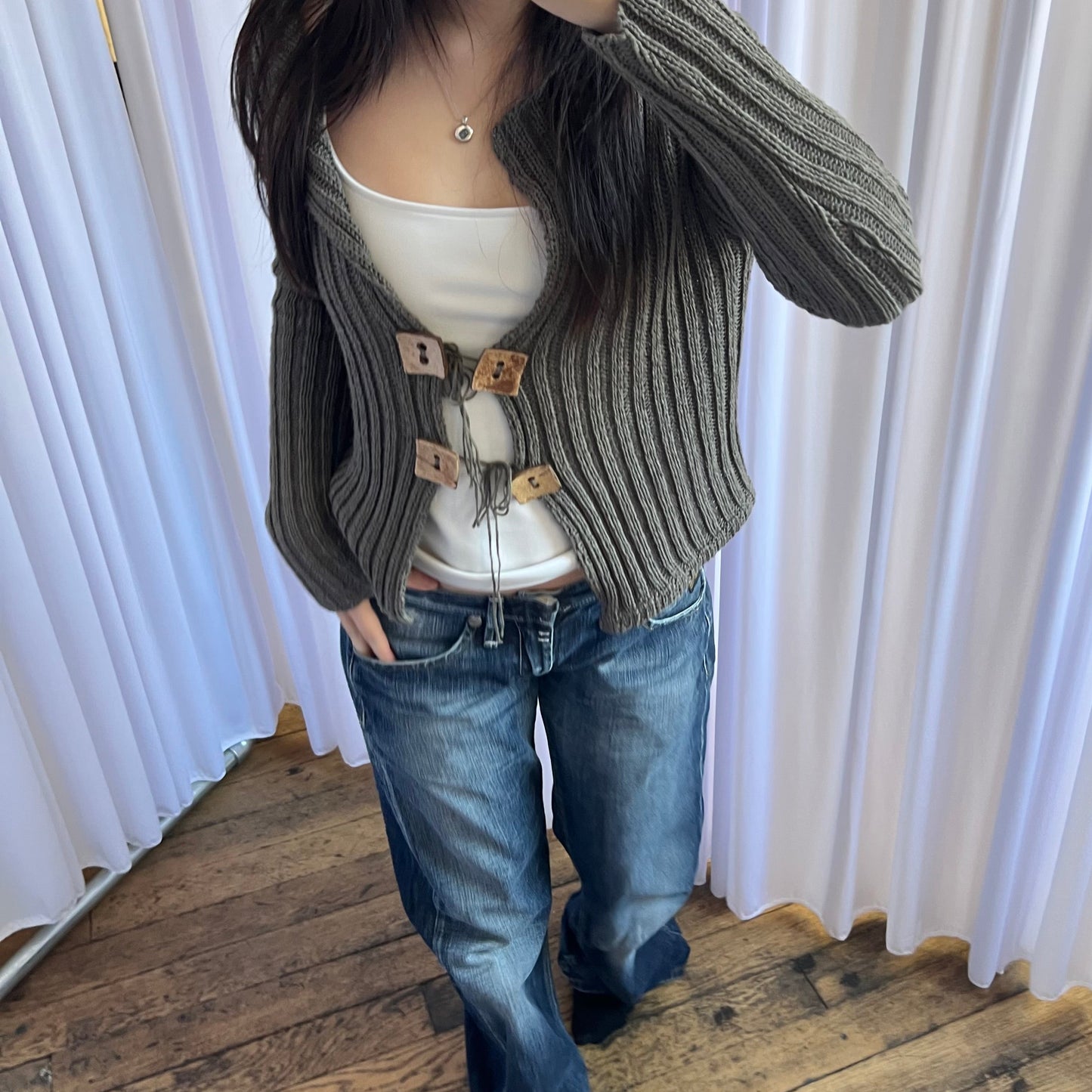 Patrice Breal Khaki Boho Wooden Square Front Toe Closure Crop Bolero Cardigan Top