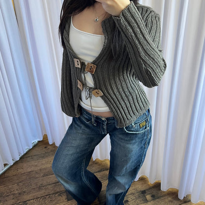 Patrice Breal Khaki Boho Wooden Square Front Toe Closure Crop Bolero Cardigan Top