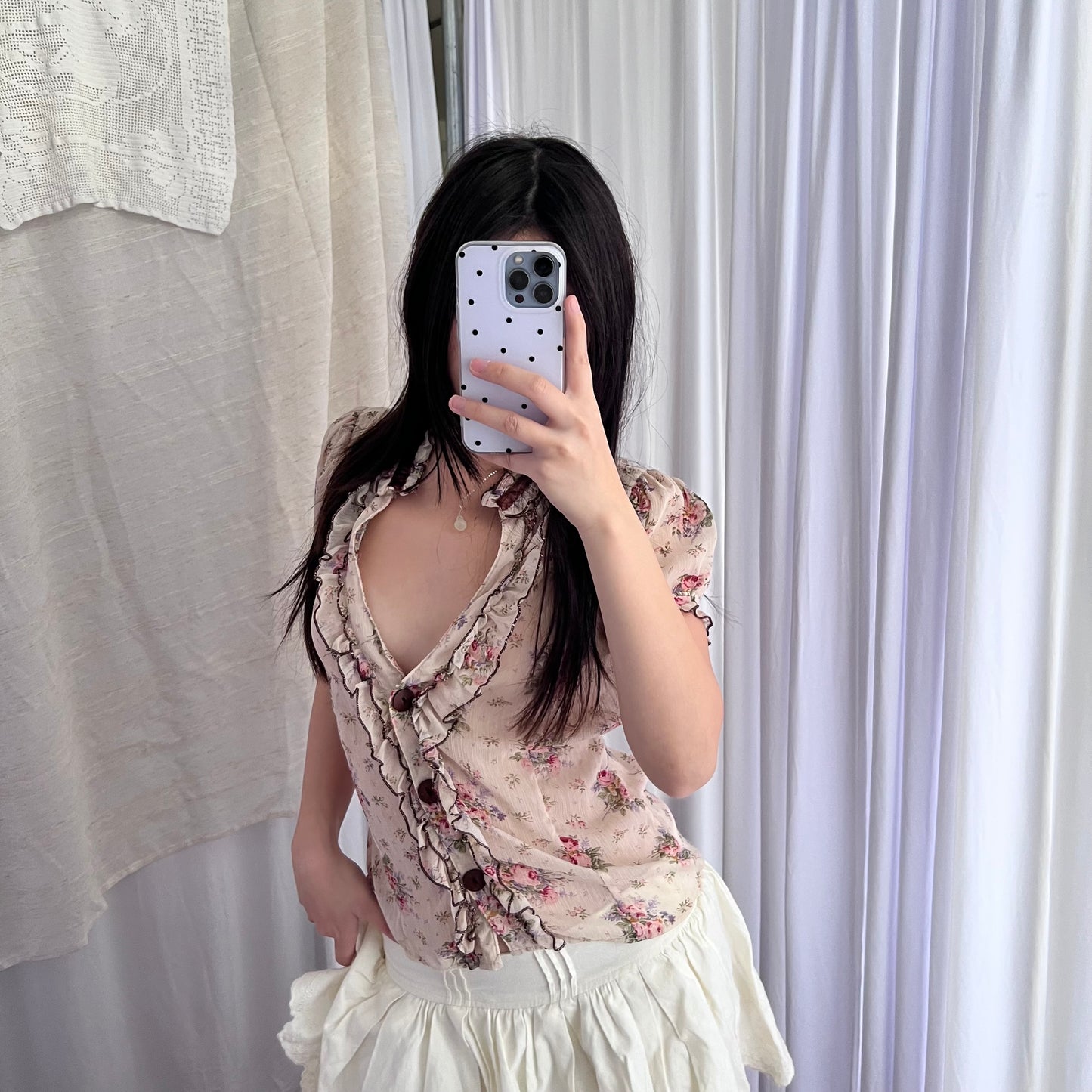 Coquette Cottage Beige English Garden Frilly Puff Sleeve Floral Print Sheer Blouse