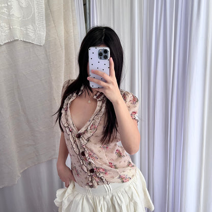 Coquette Cottage Beige English Garden Frilly Puff Sleeve Floral Print Sheer Blouse