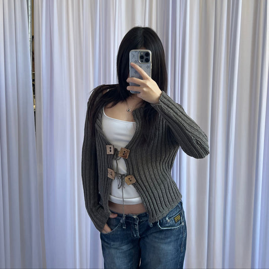 Patrice Breal Khaki Boho Wooden Square Front Toe Closure Crop Bolero Cardigan Top