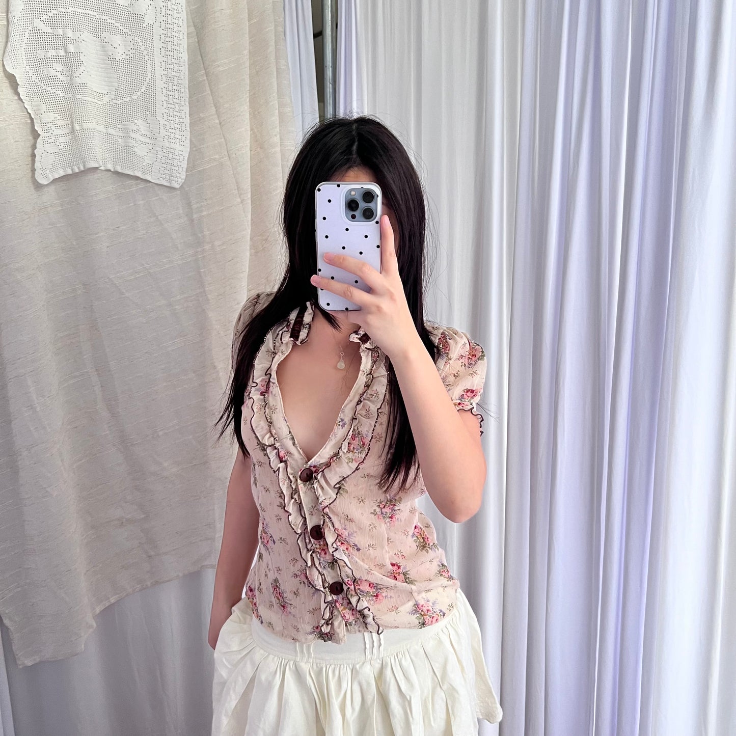 Coquette Cottage Beige English Garden Frilly Puff Sleeve Floral Print Sheer Blouse