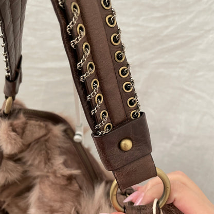 grace continental fluffy fox fur brown leather bronze grommet strap slouchy shoulder bag