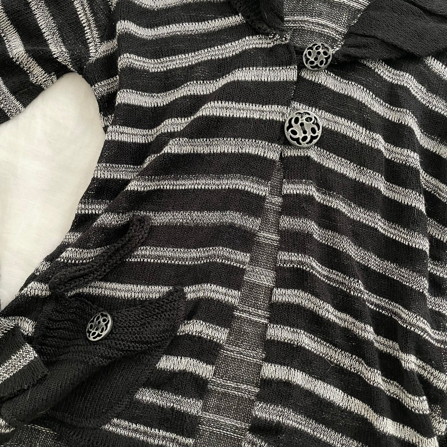 grunge sleaze patrice breal black grey striped ornamental button accents knit cardigan